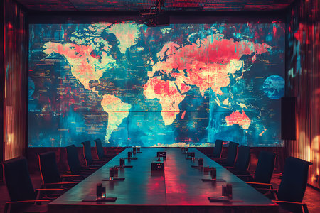 Depicts a conference room featuring an abstract map on a screen, alongside a long table and dark-colored chairs, set against a dark interior.の素材