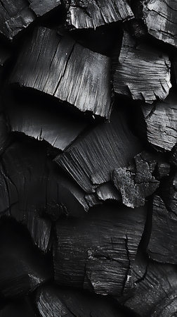 Detailed view showcases stacked, shiny black charcoal briquettes. The textured surface with rich details, highlights the unique patterns.の素材