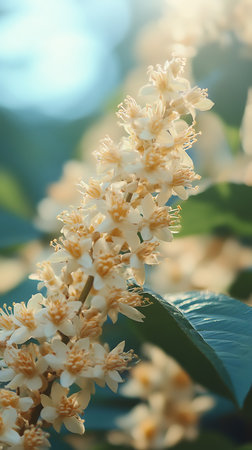 Captured closely are delicate white flowers blooming with a background of green leaves and light blue sky. Stamen and petals are clearly visible.の素材