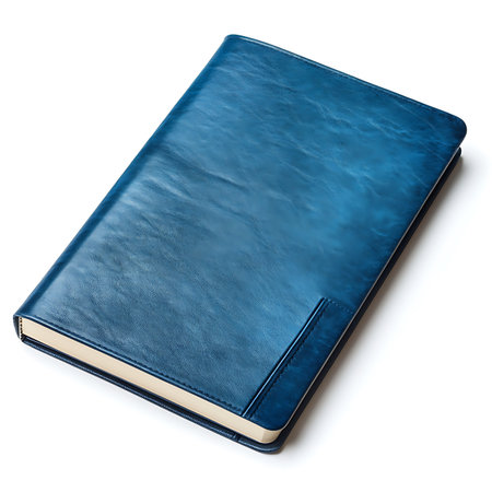 Detailed studio shot showcases a closed blue leather notebook with a lined edge detail, alongside cream-colored paper, all isolated on a white backdrop.の素材