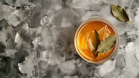 Freshly Brewed Tea with Bay Leaves on Gray Table, Top Viewの素材