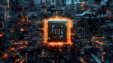 Futuristic Artificial Intelligence Concept with AI Chipset and Circuit in Digital Graphic Brainの素材