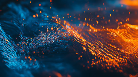 Dynamic scene featuring water waves in shades of blue contrasted with vibrant orange sparks. Creates a visually striking and energetic effect.の素材