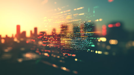 Abstract image shows glowing data streams overlaying blurred cityscape with bokeh lights, conveying concepts of technology, connectivity and futuristic themes.の素材