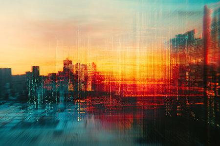 Illustrative digital cityscape featuring modern high-rise buildings against a colorful sunset sky. The image incorporates a glitch art style for a futuristic look.の素材