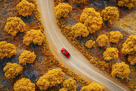 Overhead shot displays a red car traveling on a gravel road surrounded by many yellow autumn trees, showing a serene rural environment.の素材