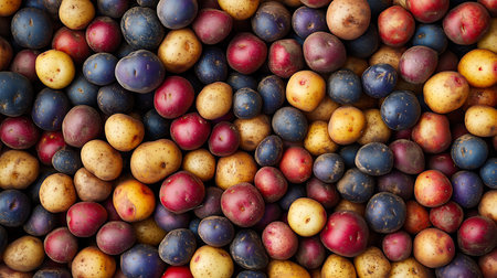 Top-down view of many red, purple and yellow potatoes. Freshly harvested raw potatoes, food ingredient for cooking.の素材