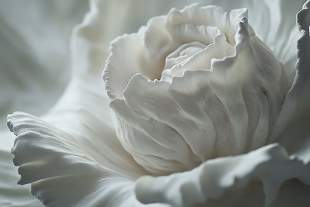 A close-up abstract view focusing on an intricately detailed, elegant, white flower blossom with soft, delicate and gently layered petals in soft light.の素材