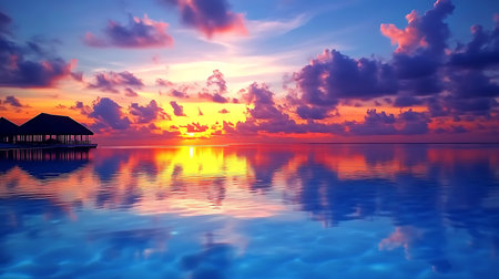 Serene tropical view featuring a sunset over water with building silhouette. Reflections of cloudy sky. Vibrant orange sun adds tranquility.の素材