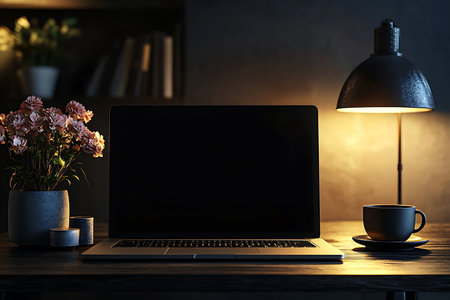 Depicts a laptop, lamp, and a cup of coffee on wooden table inside home. Decorative flower pot adding a fresh touch to the workspace.の素材