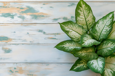 Fresh, lush Dieffenbachia plant with bold green and white leaves on a textured backdrop of blue, white, and tan painted wooden planks.の素材