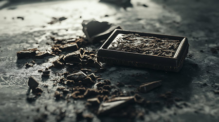 Close up captures a dark chocolate bar and shattered pieces on a textured surface with reflective shine. High detail and contrasting light creates dynamic scene.の素材