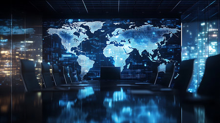 View of a dark, futuristic conference room with chairs around a large, glossy boardroom table, reflecting a large, digital world map on the video screen.の素材