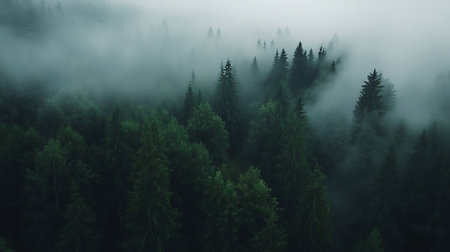 Dense fog drifting through the canopy of a coniferous forest, creating a mystical, ethereal atmosphere. Evergreen trees fill the landscape.の素材
