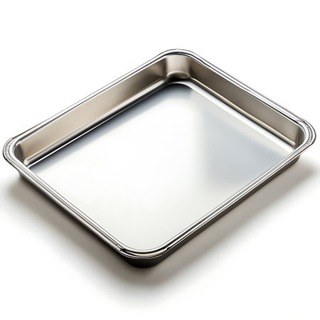 View of empty metal baking tray. Shiny metallic pan used as kitchenware. Silver colored cookware utensil is on a white surface.の素材