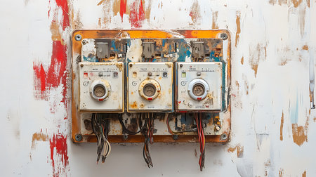 Close-up on a vintage rusted and weathered electrical power box with exposed wires mounted on an abstract painted white wall with white, red and brown paint.の素材