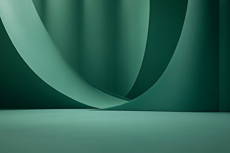 Abstract scene showcases curves, lines, minimalist texture and floor in a studio setting, displaying modern emerald green color, perfect as a backdrop.の素材