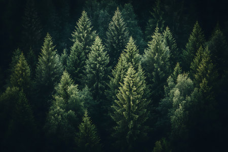 Dense forest top view features evergreen fir and pine trees. Dark green foliage creates natural pattern effect. The scene is visually rich and textured.の素材