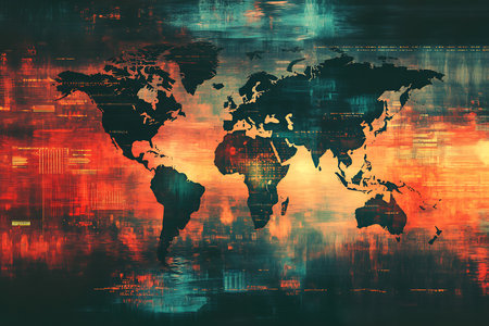 Stylized world map silhouette with a grunge texture. The image features teal and orange color scheme and an artistic distressed look, creating a unique visual effect.の素材