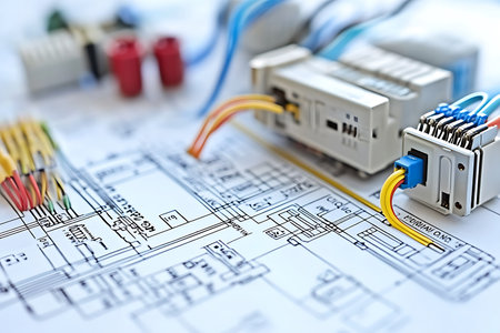 Detailed layout with electrical equipment, connection blocks, plug cables, terminal blocks, and wires arranged on a blueprint, with close-up detailed view.の素材