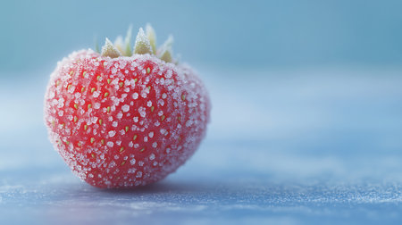A close-up captures a strawberry covered in frost crystals. The strawberry contrasts with its icy coating and pale blue background, highlighting freshness.の素材