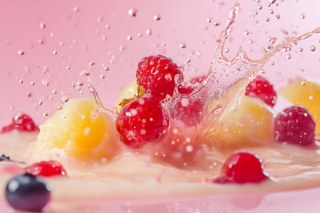 Macro shot of fresh raspberries and pineapple cubes with splashing clear water,drops and bubbles isolated over pink background.の素材