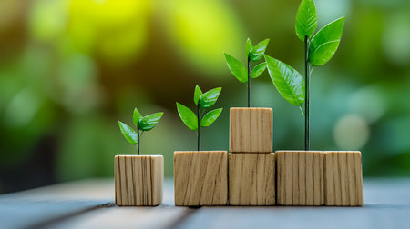 Vivid image shows verdant plants sprouting from wooden cubes, staged against a soft, naturally blurred forest backdrop emphasizing growth and progression.の素材