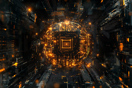 Circuit board design featuring golden glowing electronic components. Microchip circuitry background, detailed lines and patterns for technology concept.の素材
