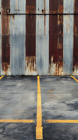 Features a gray concrete surface with yellow parking lines intersecting with corrugated metal wall with rusted brown streaks.の素材