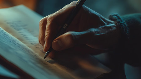 Fair skinned hand writing with a pen on an open book with written text under dim indoor lighting, creating a focused, intimate atmosphere.の素材