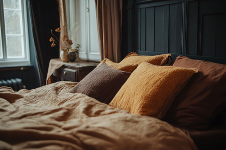 Bedroom scene featuring a bed with textured brown bedding, cushions in gold and brown hues, near a window with curtains and dark wall accents.の素材