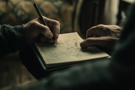 Close up shot features a man with fair skin writing on a lined notebook page with a pen. Focused on hand action and pen movement capturing details.の素材