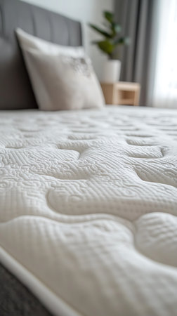 Close-up shows a detailed orthopedic mattress with a white patterned surface. A gray bed frame and pillow are visible in the background of a bedroom scene.の素材