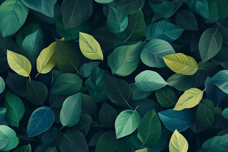 Close-up showcases diverse green leaf patterns, accented by gentle yellow touches, creating an inviting, organic, and refreshing atmosphere.の素材