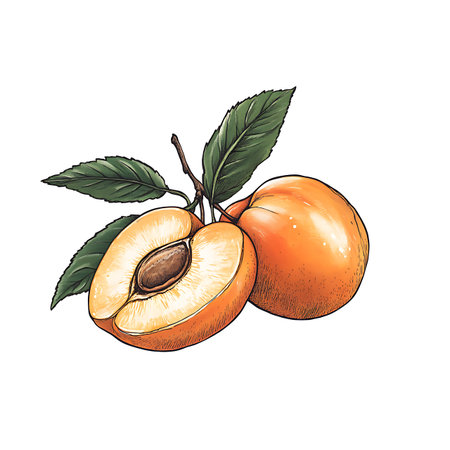 Two cartoon apricots with a branch with leaves on transparent background, one apricot is cut in half. Hand drawn botanical illustration.の素材