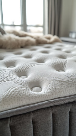 Close-up of a new mattress featuring a plush white textured surface with deep tufts, showcasing comfort and support on a bed with a gray headboard in bedroom.の素材