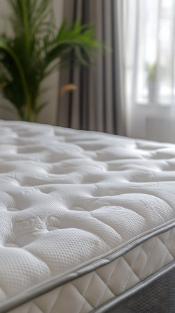 Interior shot focuses on the texture and details of a white quilted mattress, bedding, with a room and plant visible in the blurred background.の素材