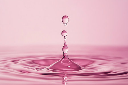 Captivating macro shot capturing the dynamic collision of falling water drops creating a splash and circular ripple effect in a pink liquid environment.の素材
