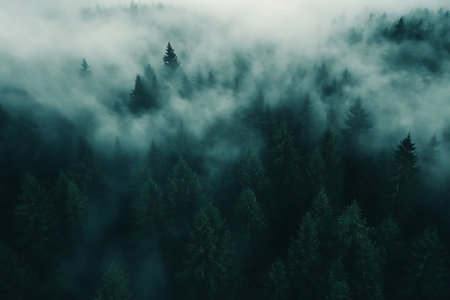 Aerial drone image features of pine tree forest obscured by thick fog, revealing an atmospheric nature landscape view from above.の素材
