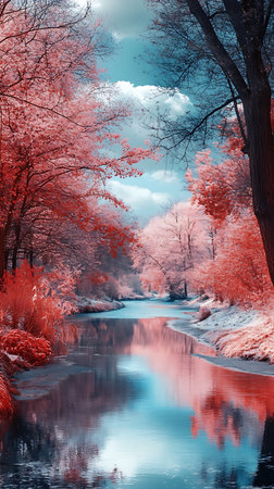 Vertical scenery displaying a river winding through a forest where trees are vivid pink, sky reflection, snow touches edges.の素材