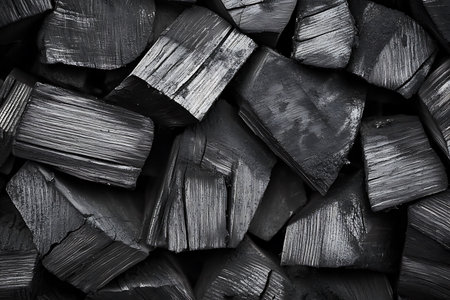 Close up view shows a charcoal pile, revealing the dark color, rough texture, and distinctive wood grain patterns of the stacked pieces.の素材