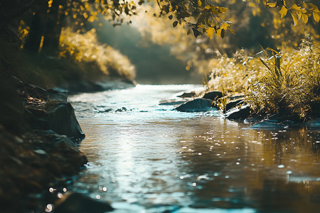 Calm river water flows gently between mossy rocks and lush foliage. The sunlight filters through the leaves, creating a golden ambiance.の素材