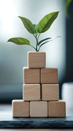 Composition shows a stack of wooden cubes with a green plant growing out of the top cube set against a neutral background, capturing nature.の素材