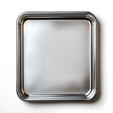 Close-up showcases a clean, empty, polished stainless steel rectangular tray with rounded corners resting on a bright white background, emphasizing its metallic shine.の素材