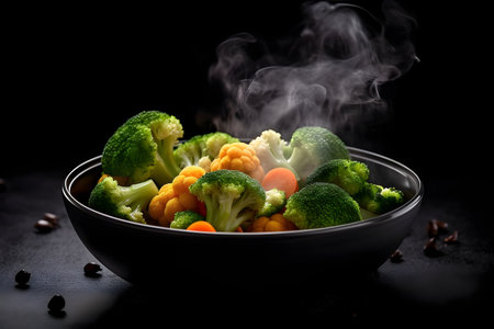 Steamed vegetables in a black bowl with smokeの素材