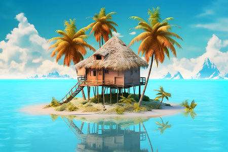 Tropical island with palm trees and bungalowsの素材