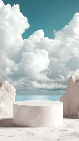 Minimal presentation featuring a white cylindrical podium, coastal rocks, a sea horizon, and white puffy clouds against a turquoise sky backdrop.の素材
