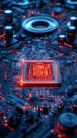 Close-up view of a complex motherboard with microchips and intricate circuitry, illuminated with blue and red lights, creating a futuristic aesthetic.の素材