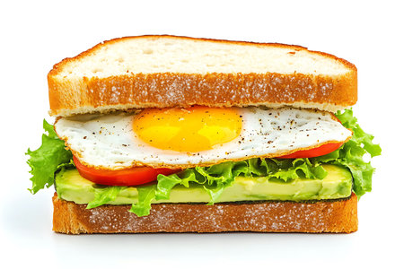 Appealing shot showcasing a sandwich on a white background, made with fried egg, avocado, tomato slices, and lettuce between two slices of white bread.の素材