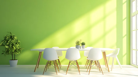 Interior setup features white chairs, a table, flowerpot plants, and a vibrant green wall with sunlight streaming in through the window.の素材